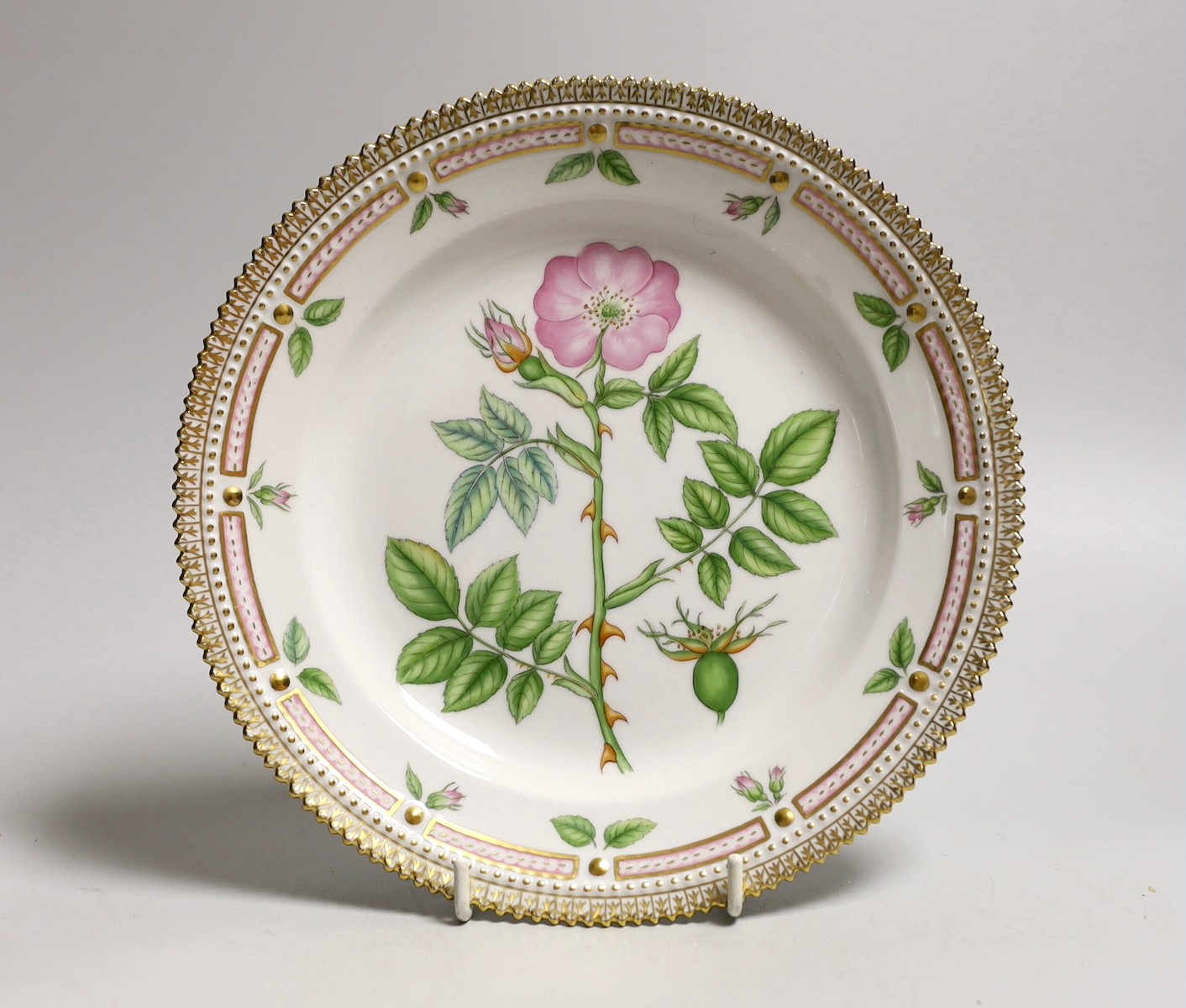 A Royal Copenhagen Flora Danica plate painted with Rosa canina, titled